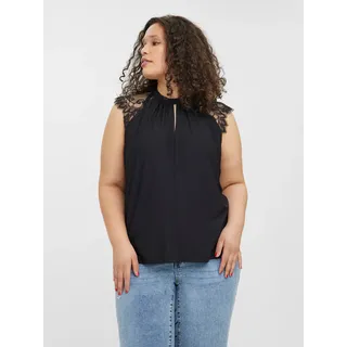 Spitzenshirt VERO MODA CURVE "VMMILLA SL LACE TOP NOOS CUR", Damen, Gr. L, schwarz, Jersey, Obermaterial: 95% Polyester, 5% Elasthan, unifarben, regular fit normal, hoch geschlossener Ausschnitt, Shirts Spitzenshirt, Materialmix, regular fit