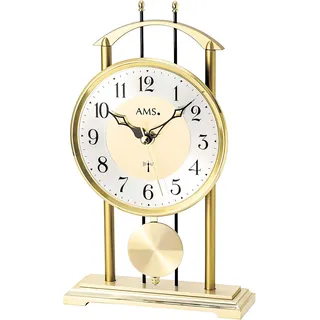 AMS 5193 Tischuhr, Funk-Pendelwerk, Aluminium-Zifferblatt Silber, arabische Ziffern, Metallgehäuse messingfarben, Schwarze Zeiger, analog, batteriebetrieben, AA Mignon, Maße: 29 x 17 x 6 cm