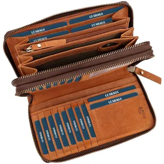 LEABAGS Leder Geldbörse Damen - Portemonnaie Gross mit RFID Schutz, Echtleder XXL Geldbeutel Damen Groß, 29 Kartenfächer Portmonee mit Münzfach, Doppelter Reißverschluss (Nature Hellbraun)