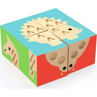 Djeco TouchBasic Holzwürfel 4,5 cm graviert illustriert zum Bauen von 6 Tieren