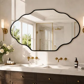 Clevich Spiegel Asymmetrisch 66x116cm Rahmen Alu, HD Glas Wandspiegel, Moderner Dekor-Spiegel, Schlankes Modernes Design, für Bad Badezimmer Wohnzimmer Flur Schlafzimmer Wand Laternen-Design, Schwarz