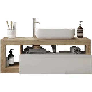 WELLTIME Waschtisch "Hamburg", braun (weiß, eiche cadiz nb, weiß), B:110cm H:61cm T:49cm, Waschtische, Waschtisch, 1 Schubkasten, Breite 110 cm, Soft-Close, inkl. Keramik-Aufsatzbecken