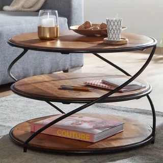 FineBuy Couchtisch Sheesham Massivholz rund Ø58 cm mit 3 Ablagen Handgefertigter Wohnzimmertisch aus Holz & Metall Beistelltisch im Industrial - Braun