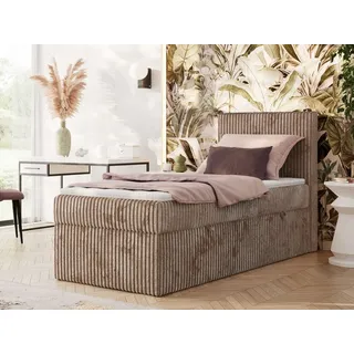 MKS Meble Boxspringbett 90x200 TILIANO, Einzelbett mit Multipocket-Matratze, Stauraumbett, gepolstert Kopfteil - Topper T25 - H4 - Braun Cord - Rechts Seite - Braun