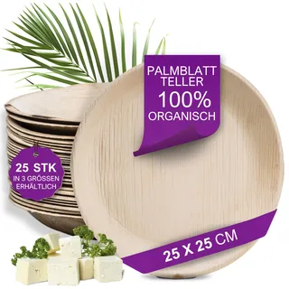 Waipur Bio Palmblatt-Teller - 25 Stück rund groß Ø 25 cm - Premium Einwegteller kompostierbar - Umweltfreundliches Palmblatt Geschirr ähnl. Bambus Teller Einweg