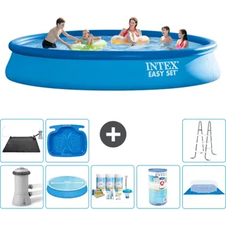 Intex runder aufblasbarer Easy Set-Schwimmpool – 457 x 84 cm – Blau – inklusive Pumpe Sonnensegel - Wartungspaket - Filter - Bodenplane - Solarmatte - Leiter