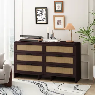 MODFU  Sideboard Kommode Buffetschrank   mit 6 Schubladen aus Rattan, Beistellschrank  für Wohnzimmer, Schlafzimmer und Küche,Braun - Braun