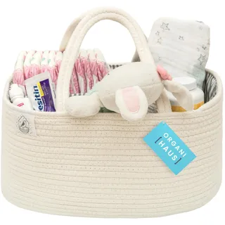 OrganiHaus Baby Organizer Korb, Aufbewahrungskorb für den Wickeltisch und das Kinderzimmer, Geschenke für Neugeborene & Baby Aufbewahrungskorb mit Fächern & Griffen, Off-Weiß