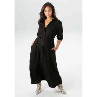 Blusenkleid ANISTON PLUS, Damen, Gr. 46, N-Gr, schwarz, Web, Obermaterial: 100% Viskose, unifarben, figurumspielend knöchelfrei, V-Ausschnitt, 1-Knopf-Manschette, Kleider Blusenkleid, durchgeknöpftes Kleid aus weich fallender Viskose