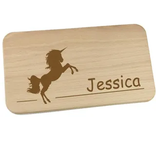 Personalisiertes Frühstücksbrettchen aus Holz mit Motiv und Name graviert Motiv Einhorn