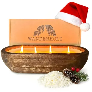 Wanderholz Sojawachskerze - Vierdochtkerze - Nachhaltige Mehrdochtkerze mit Sojawachs Kerzenwachs in einer Paulownia Holz Holzschale - Sojakerze Kerzen Groß Deko Wohnzimmer Kerze Dekoration Rustikal