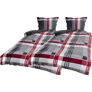4tlg Cashmere Touch Karo Bettwäsche Garnitur Bettzeug Rot 135x200cm - Grau, Rot