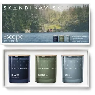 Skandinavisk ESCAPE Geschenkset mit 3 Mini-Duftkerzen. FJORD, ØY 'Insel' und HAV ' Meer'. Vegane Formel. 3 x 65 g.