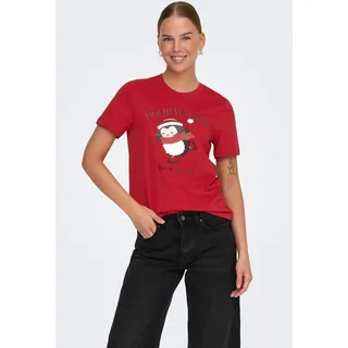 Kurzarmshirt ONLY "ONLKITA LIFE REG S/S TOP BOX XMAS JRS", Damen, Gr. XS (34), rot (urban rot print:christmas penguin), Jersey, Obermaterial: 100% Baumwolle, bedruckt, Rundhals, Shirts Kurzarmshirt