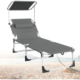 YUENFONG Sonnenliege Liegestuhl Garten Mit Sonnenschutz Gartenliege Klappbar Leicht Mit Dach Balkon Terrassen Liege Strandliege mit Kopfkissen Tragegriffe Seitentasche(Anthrazit) - Grau