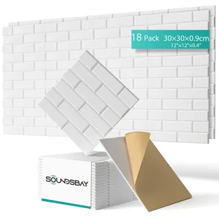 Soundsbay Akustikplatten selbstklebend 18 Stück, Schalldämmung Schallschutz Wand hoher Dichte Ziegeltyp Schallschutzplatten für Akustische Behandlung und Wanddekoration 30x30x0.9cm (Weiß)