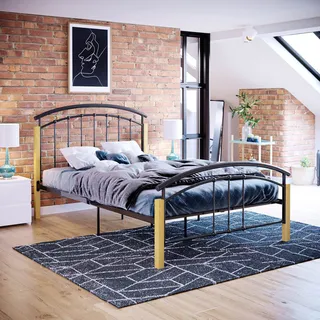 Vida Designs Venice kleines Doppelbett, Bettgestell aus Metall und Holz, massives Kopfteil, niedriges Fußende, Schlafzimmermöbel, Schwarz