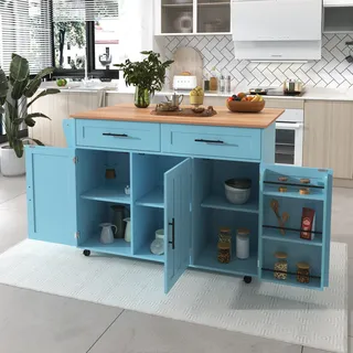 okwish Sideboard Küchenwagen mit Rollen,klappbare Arbeitsplatte,Ablage und 2 Schubladen, Blau - Blau