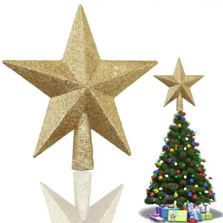 Weihnachtsbaumspitze Gold (20cm) – Christbaumspitze aus bruchsicherem & leichtem Kunststoff (20g) – Glänzende Baumspitze Weihnachten Sternform für Tannenbaum, Dekoration Spitze Weihnachtsbaum
