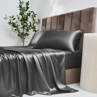Damier Satin Spannbettlaken 200x200cm Grau Dunkelgrau Seide Glänzend Spannbetttuch Hochwertiges Satin Deluxe Bettlaken, geeignet für Matratzen bis 30cm