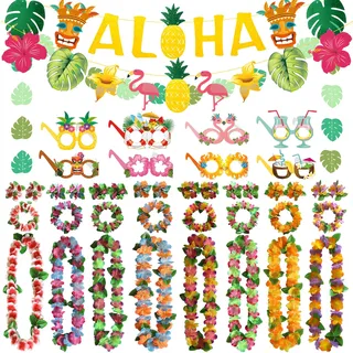 Hawaii Party Deko, Aloha Party Banner Dekorationen, Hawaii Leis, Sommerfest Fotorequisiten, Sommer Beach Accessoires für Karneval Fasching Ball Geburtstag Hawaiian Tropische
