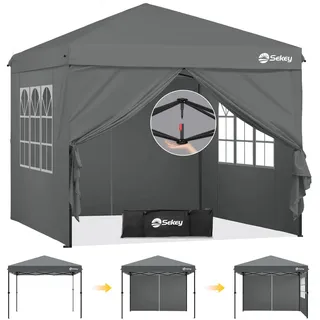 Sekey Premium Pop Up Pavillon 3x3 Wasserdicht Stabil, 3 x 3 m Pavillon mit Seitenwänden, Faltpavillon Partyzelt Faltbar für Camping Party, Höhe Verstellbar 250-270cm, (Grau, Mit Seitenwänden)