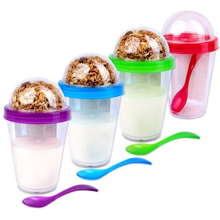 Schramm® 4 Stück Joghurtbecher to go Müsli-to-Go 4- farbig Sortiert Müslibecher inkl. Löffel Müslischale Joghurt Becher Müslibehälter Joguhrtbehälter für unterwegs 4er Pack