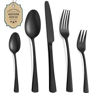 30-teilig Besteckset für 6 Personen - Edelstahl matt schwarz - Gabel Löffel - Waschmaschinenfest. - Schwarz