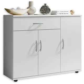 LILLY Sideboard Kommode in Weiß mit Schublade 90 x 70 x 30 cm (B/H/T) | Zwei Türen, zwei Böden, ein Schubkasten, silberfarbene Stangengriffe, Wohnzimmer, Esszimmer und Flur