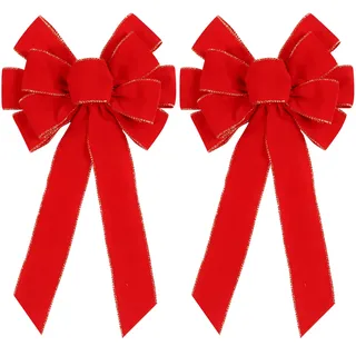 2 Stück rote Weihnachtsschleifen, Outdoor-Dekorationen, 30,5 x 50,8 cm, große Weihnachtsbaumspitze, Samtkranz, Schleife mit glitzerndem Goldrand für Weihnachten, Haustür