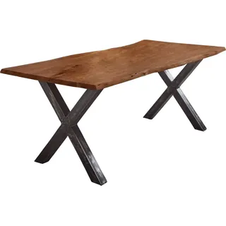 Esstisch Baumkante Akazie nussbaumfarben 280 x 100 cm Vintage X-Gestell schwarz FREDERIK - Braun