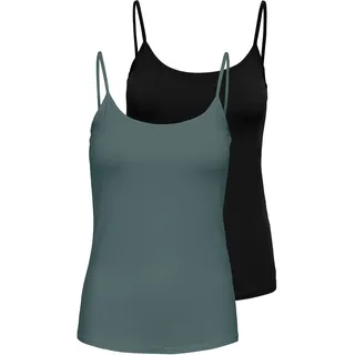 Spaghettitop ONLY "ONLLOVE – Spaghettitops im Doppelpack mit elastischem Tragekomfort", Damen, Gr. XL, grün (schwarz pack:schwarz, balsam grün), Jersey, Obermaterial: 95% Baumwolle, 5% Elasthan, unifarben, regular fit normal, Rundhals, Tops Spaghettitop, Baumwollmischung, regular fit
