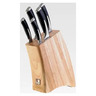KYU Messerblock mit 5-teiligem Messer-Set aus Kautschuk-Holz | Spickmesser, Allzweckmesser, Schinkenmesser, Brotmesser & Santokumesser | Edelstahl rostfrei & poliert