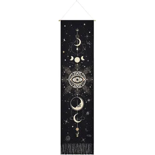 Yugarlibi Mondphasen Wandteppich, Blumen Wandbehang Schwarz 130x32.5cm | Schwarz Wandtuch, Dekorative Böhmischen Wandkunst Baumwolle Lange Wanddekoration für Schlafzimmer Wohnzimmer