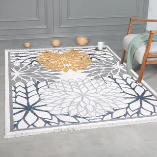 Kurzflor Teppich Läufer - Boho Kelim Teppich, Wohnzimmerteppich, Schlafzimmer und Küchenteppich, Flur Teppich, 80 x 200 cm, Orient-Blau-Gold - Grau