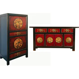 Chinesische Möbel Kombination/Set, Asia Möbel Wohn-Schlaf-Zimmer Shabby Chic Vintage rot-schwarz Sideboard Kommode Lowboard mit passendem Schrank Hochzeitsschrank asiatisch orientalisch fernöstlich Landhaus-Stil - Rot, Schwarz