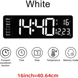 Große digitale LED-Wanduhr, Fernbedienung, Temperatur, Datum, Wochenanzeige, Speichertabelle, an der Wand montiert, zwei elektronische Wecker, 16 ZOLL, weiß - Weiß