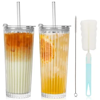 ZgoEC 520ml Glasbecher mit Deckel und Strohhalm, 2pcs Eiskaffee Gläser Hitzebeständig, Gerippte Trinkglas für Kaffee & Smoothie, Matcha Gläser für Haushalt & Büro, Spülmaschinenfest, Geschenk