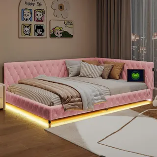 L-förmiges Tagesbett - Schlafsofa 140x200 cm - LED-Ambientebeleuchtung - USB-Ladeanschluss - Metallrahmen - Teddy-Samt - Beige - Beige