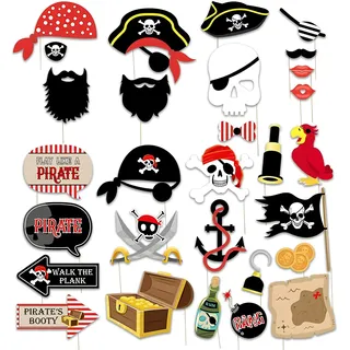 Pirat Deko Foto Requisiten,30 Stück Piraten Deko Photo Booth Requisiten,Piratendeko Fotobox Party,Piraten Kindergeburtstag Schatzkarte Piratenschiff Theme Fotodekoration für Partydeko Zubehör