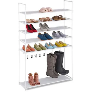 Relaxdays Schuhregal 99 x 10 x 15 cm 6 Ebenen, 20 Paar Schuhe, 7 Stiefelhaken / weiß