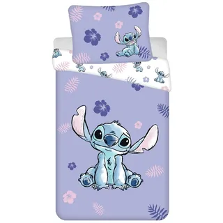 Jerry Fabrics Kinder Bettwäsche Wendebettwäsche Lilo und Stitch mit Blumen lila, Bettdeckenbezug 140x200 cm, Kopflkissenbezug 70x90 cm, 100% Baumwolle