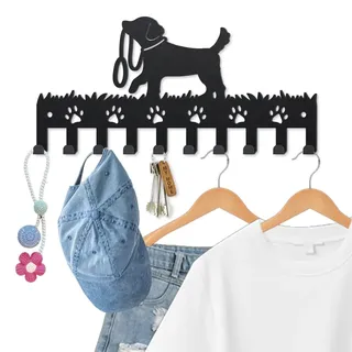 MAYJOYDIY Hunde Kleiderhaken Wandhalterung Hundeleine Metall Schlüsselhalter Für Die Wand 25×12cm 10 Haken Dekorative Hundepfote Schwarze Schlüsselhaken Zum Aufhängen von Mänteln Hüten