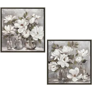 DRW Holzbild mit Blumen und handbemaltem Rahmen in Weiß, Grün und Grau, 40 x 3,5 x 40 cm