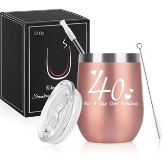 Livole 40. Geburtstag Geschenke für Frauen, 12oz Doppelt Isoliert Edelstahl Weinbecher mit Deckel und Strohhalm, Weingläser ohne Stiel, Weinglas mit Lustigem Spruch, Not A Day Over Fabulous, Rosegold