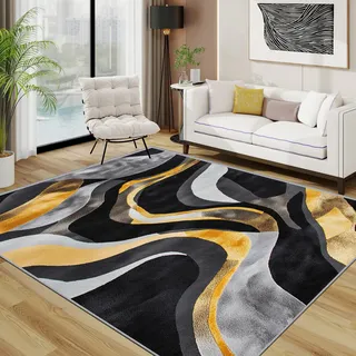 TerroVee Abstrakt Teppich Waschbar, Modern Luxus Teppich 80x150 cm, Künstlerisch Wellen Einfach rutschfest Waschbar Pflegeleicht Teppiche Für Schlafzimmer Küche, Schwarz Gold