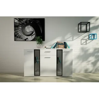 FURNIX Sideboard SARAI mit Schublade, Glastüren und LED Beleuchtung 3-türig Anrichte Kommode fürs Esszimmer modern 140 cm Weiß - Weiß