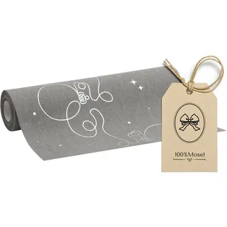 100%Mosel Tischläufer Leinenoptik Grau, Christbaumkugeln in Silber, (28 cm x 5 m), Tischband, edle Tischdeko für Weihnachten & Adventszeit, Festliche Dekoration zu besonderen Anlässen