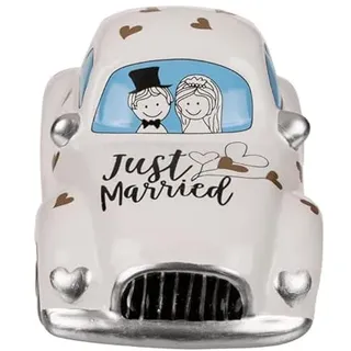 BLUECHOLON Spardose Auto Hochzeit Keramik Just Married mit Deckel und Schlüssel, Geldbörse, Sparschwein, Art Deco, Türkis, Hochzeitsgeschenk für Paare und Neuvermählte