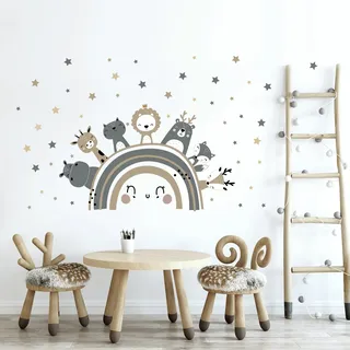 Tanlaby Große Regenbogen Tier Wandtattoo Boho Grau Braun Waldland Tier | Wandaufkleber für Kinder Babyzimmer Wohnzimmer Schlafzimmer Kinderzimmer Wanddekoration
